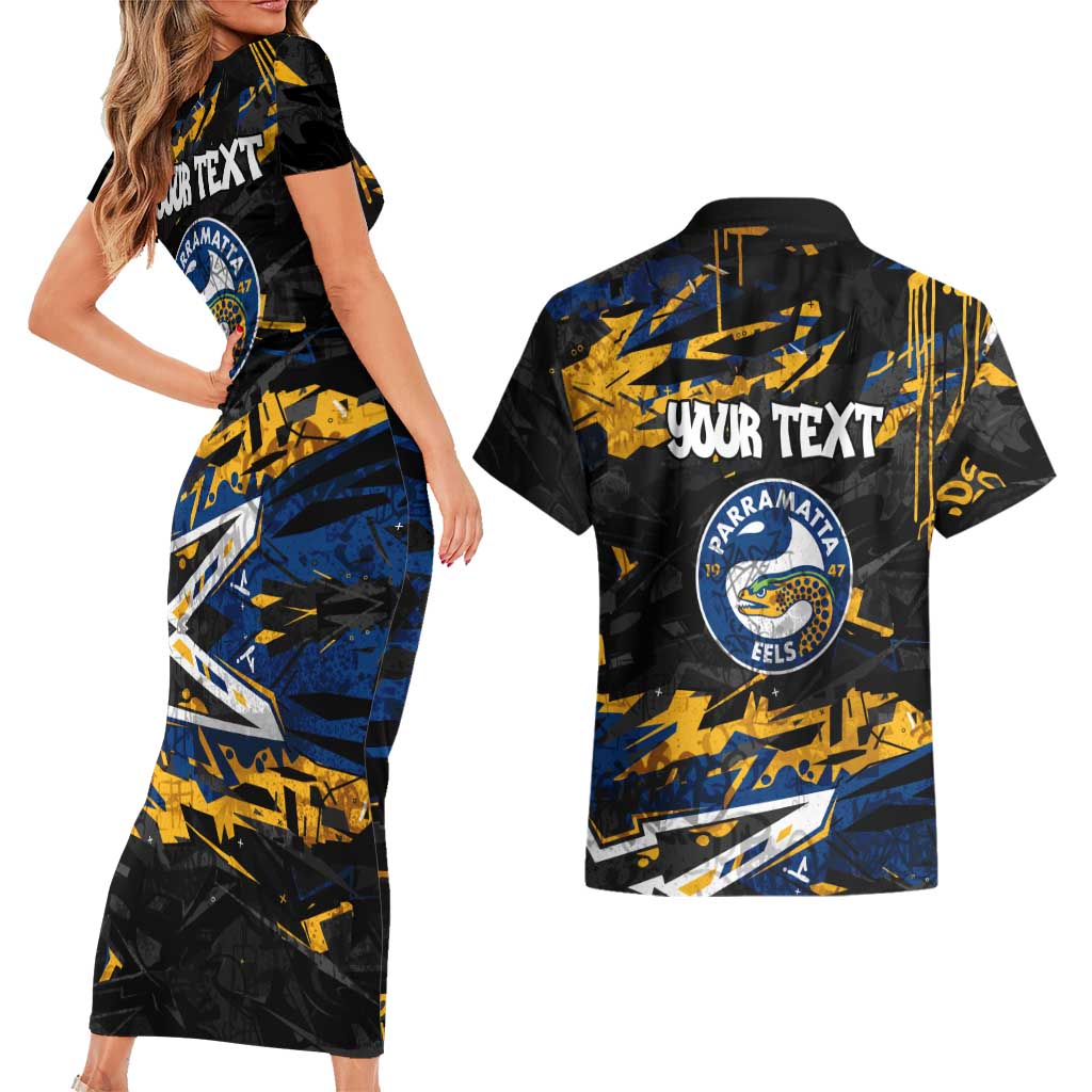 Personalized Parramatta Eels Couples Matching Short Sleeve Bodycon Dress and Hawaiian Shirt Graffiti Grunge Abstract Urban Street Style Design