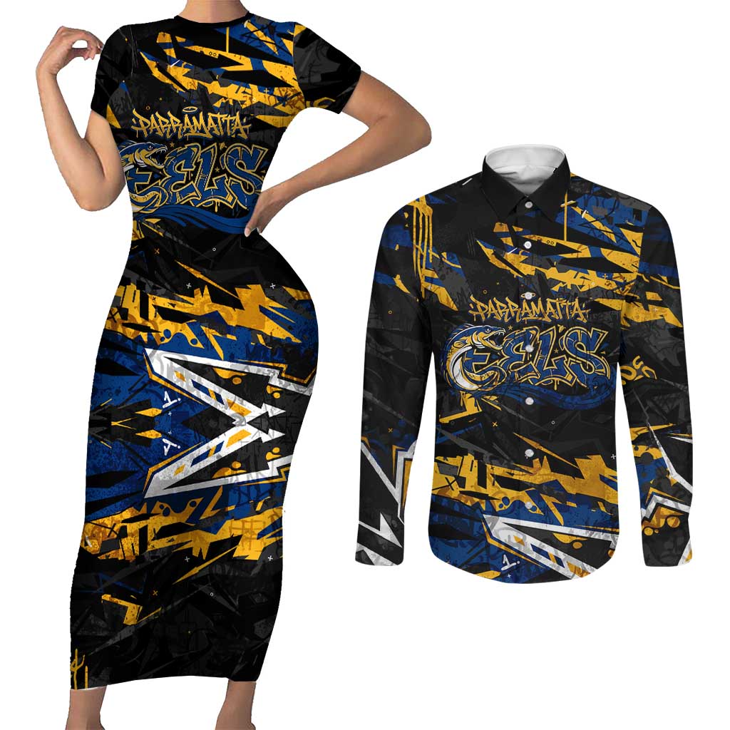 Personalized Parramatta Eels Couples Matching Short Sleeve Bodycon Dress and Long Sleeve Button Shirt Graffiti Grunge Abstract Urban Street Style Design