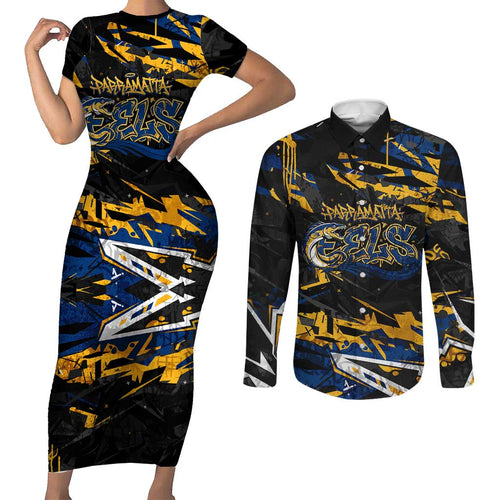 Personalized Parramatta Eels Couples Matching Short Sleeve Bodycon Dress and Long Sleeve Button Shirt Graffiti Grunge Abstract Urban Street Style Design