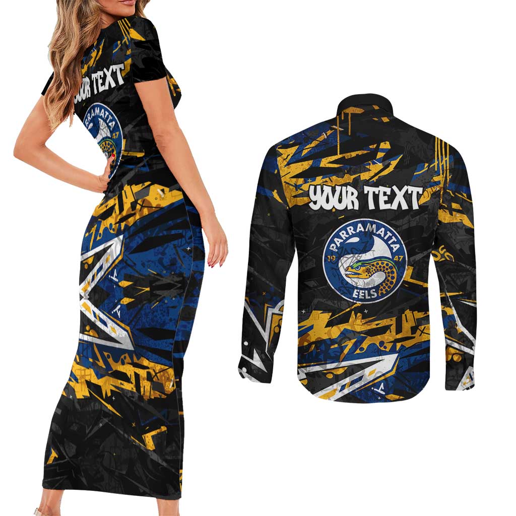 Personalized Parramatta Eels Couples Matching Short Sleeve Bodycon Dress and Long Sleeve Button Shirt Graffiti Grunge Abstract Urban Street Style Design