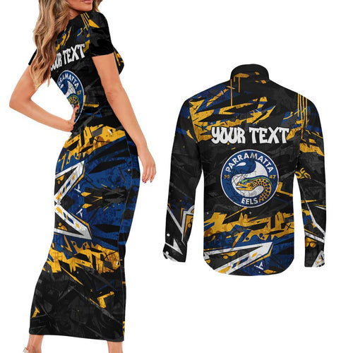 Personalized Parramatta Eels Couples Matching Short Sleeve Bodycon Dress and Long Sleeve Button Shirt Graffiti Grunge Abstract Urban Street Style Design