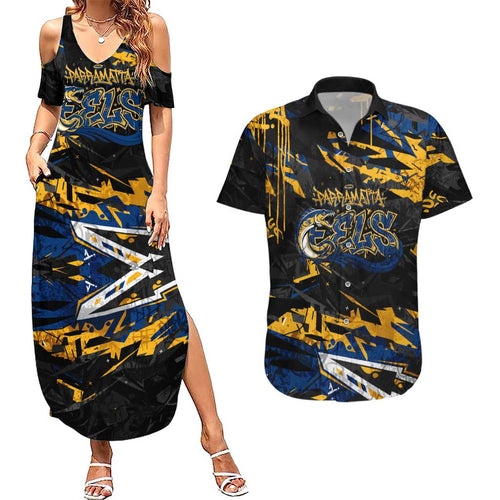 Personalized Parramatta Eels Couples Matching Summer Maxi Dress and Hawaiian Shirt Graffiti Grunge Abstract Urban Street Style Design