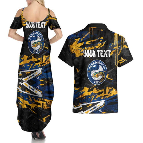 Personalized Parramatta Eels Couples Matching Summer Maxi Dress and Hawaiian Shirt Graffiti Grunge Abstract Urban Street Style Design