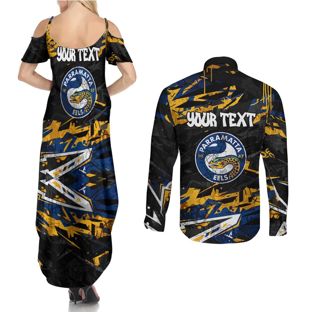 Personalized Parramatta Eels Couples Matching Summer Maxi Dress and Long Sleeve Button Shirt Graffiti Grunge Abstract Urban Street Style Design