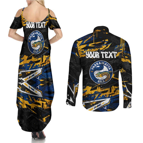 Personalized Parramatta Eels Couples Matching Summer Maxi Dress and Long Sleeve Button Shirt Graffiti Grunge Abstract Urban Street Style Design