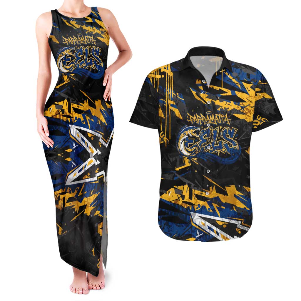 Personalized Parramatta Eels Couples Matching Tank Maxi Dress and Hawaiian Shirt Graffiti Grunge Abstract Urban Street Style Design