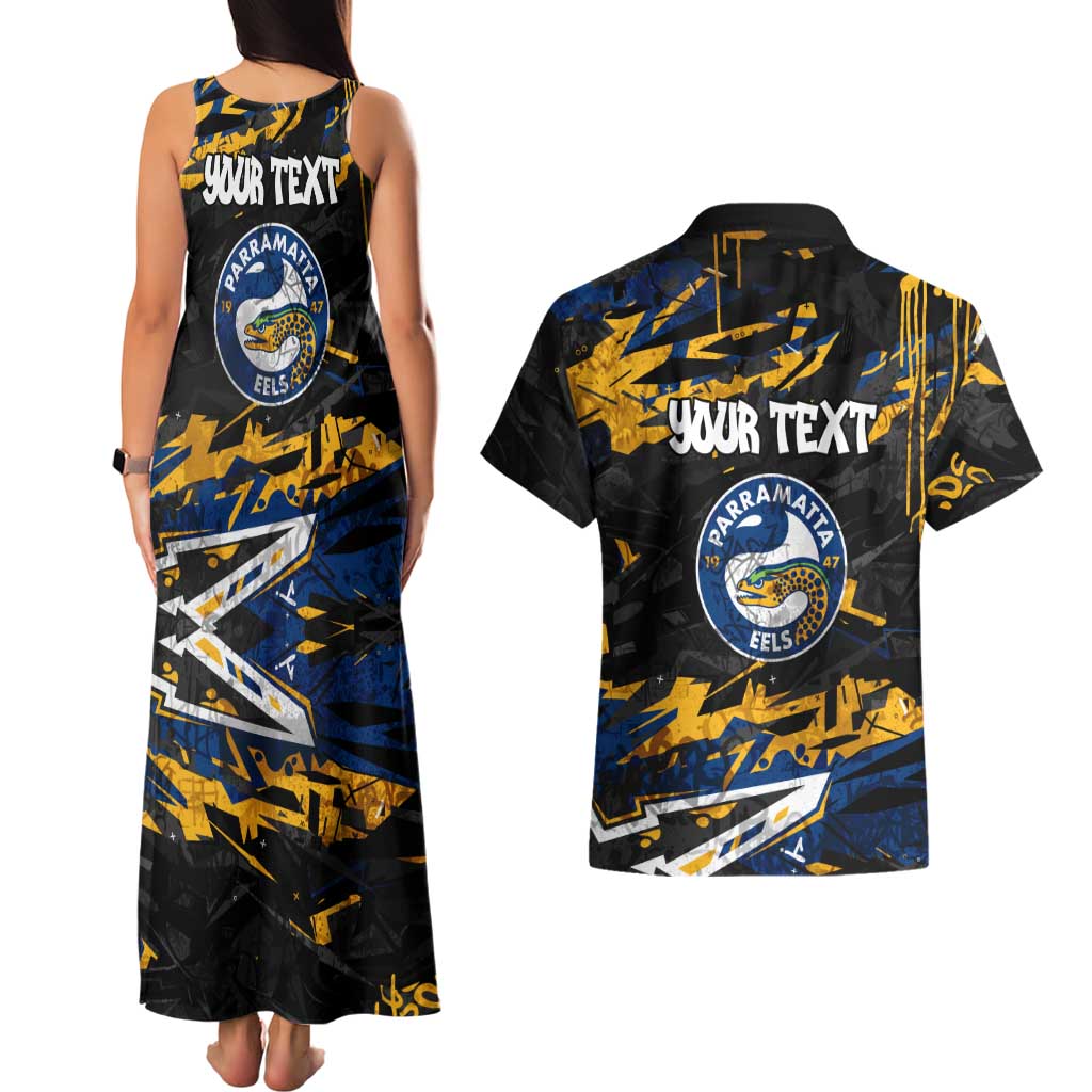 Personalized Parramatta Eels Couples Matching Tank Maxi Dress and Hawaiian Shirt Graffiti Grunge Abstract Urban Street Style Design