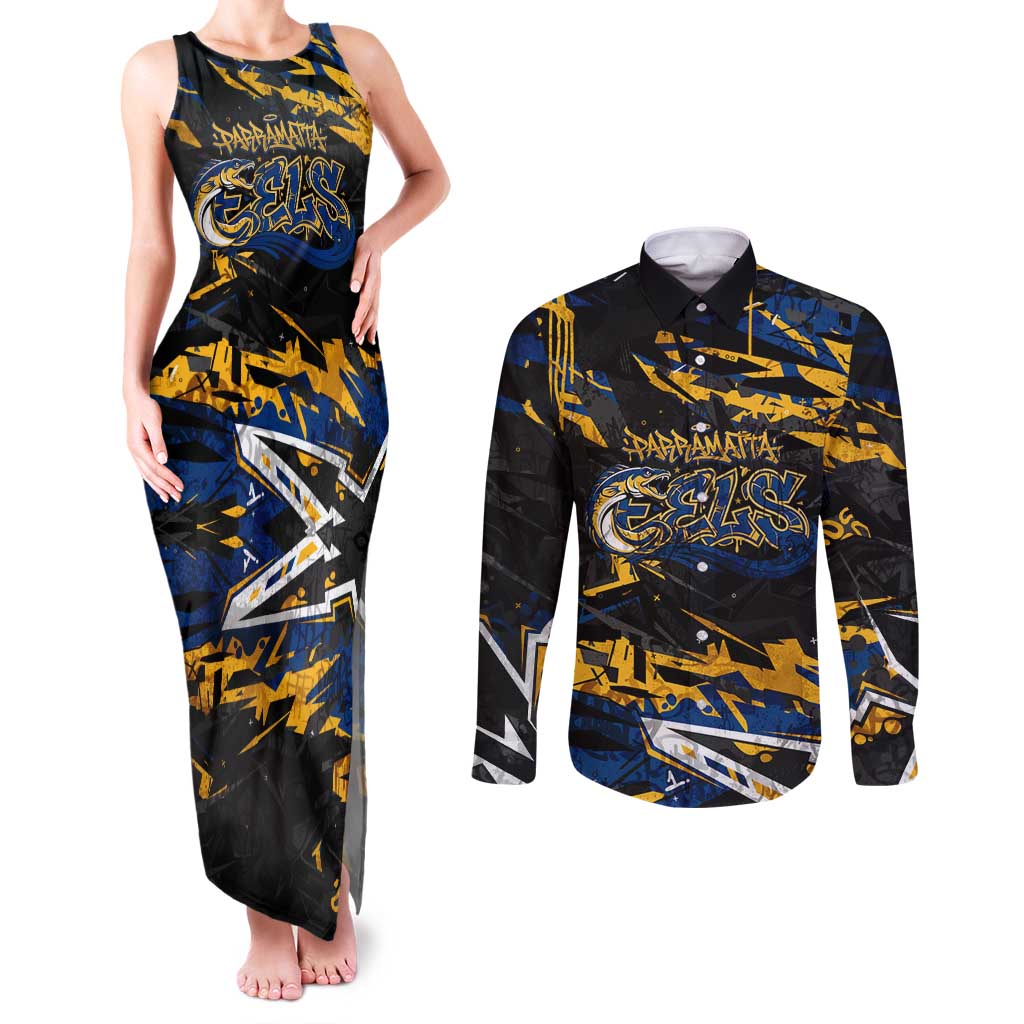 Personalized Parramatta Eels Couples Matching Tank Maxi Dress and Long Sleeve Button Shirt Graffiti Grunge Abstract Urban Street Style Design