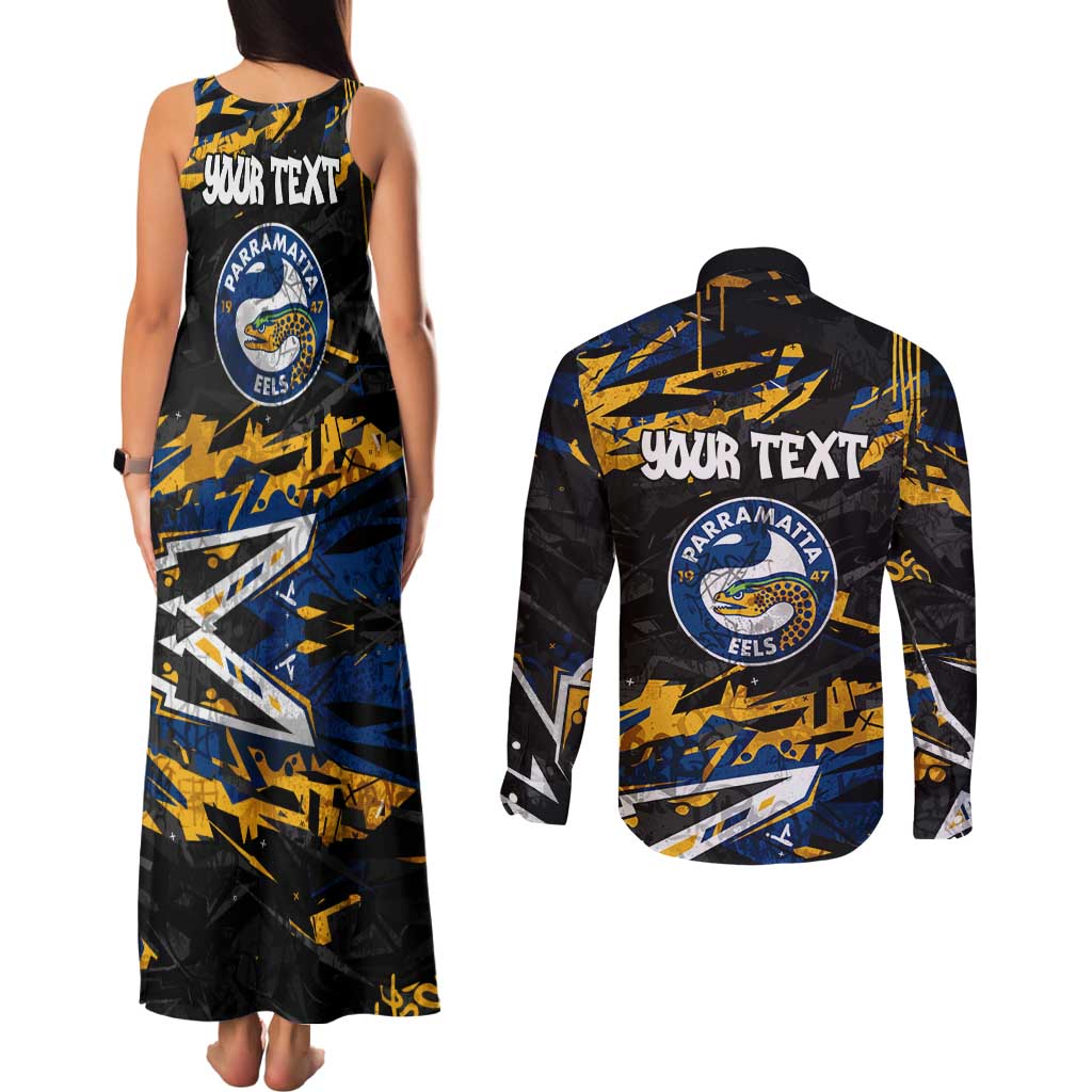 Personalized Parramatta Eels Couples Matching Tank Maxi Dress and Long Sleeve Button Shirt Graffiti Grunge Abstract Urban Street Style Design