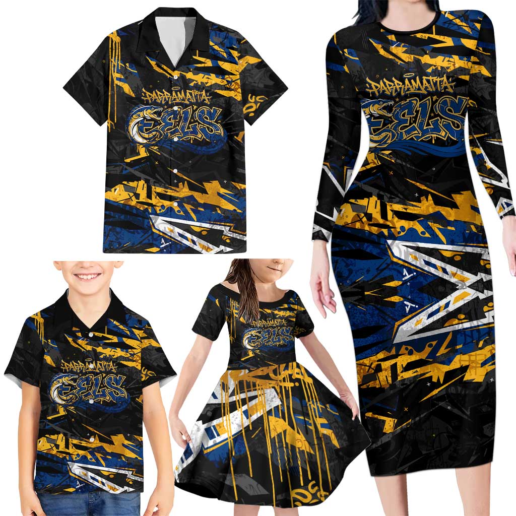 Personalized Parramatta Eels Family Matching Long Sleeve Bodycon Dress and Hawaiian Shirt Graffiti Grunge Abstract Urban Street Style Design