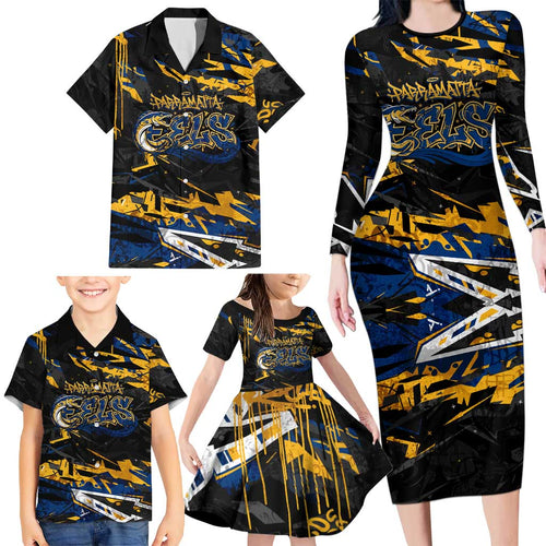 Personalized Parramatta Eels Family Matching Long Sleeve Bodycon Dress and Hawaiian Shirt Graffiti Grunge Abstract Urban Street Style Design