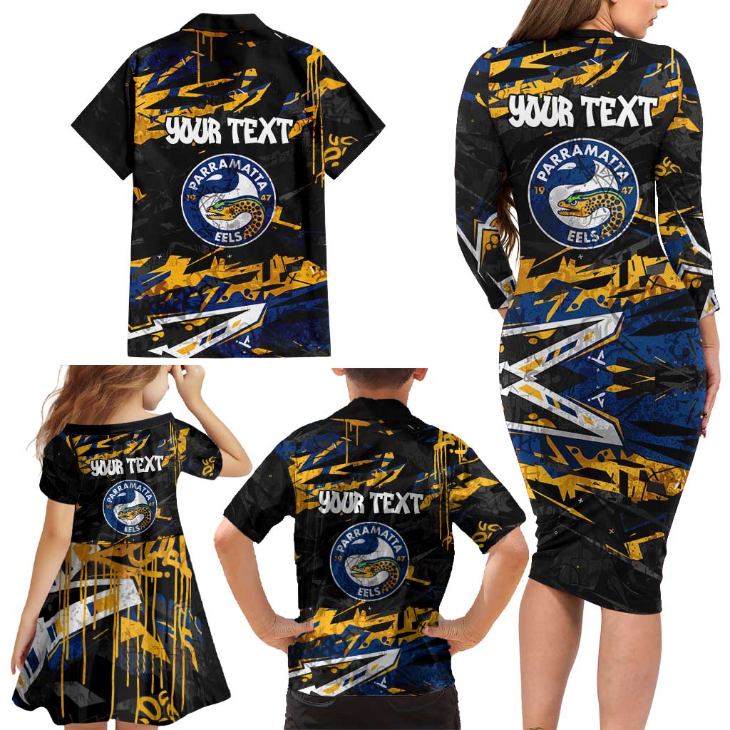 Personalized Parramatta Eels Family Matching Long Sleeve Bodycon Dress and Hawaiian Shirt Graffiti Grunge Abstract Urban Street Style Design
