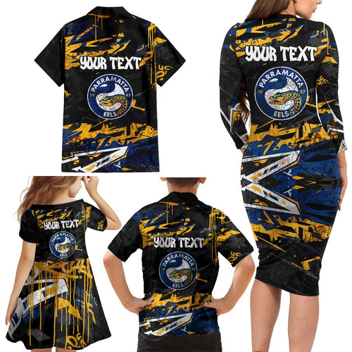 Personalized Parramatta Eels Family Matching Long Sleeve Bodycon Dress and Hawaiian Shirt Graffiti Grunge Abstract Urban Street Style Design