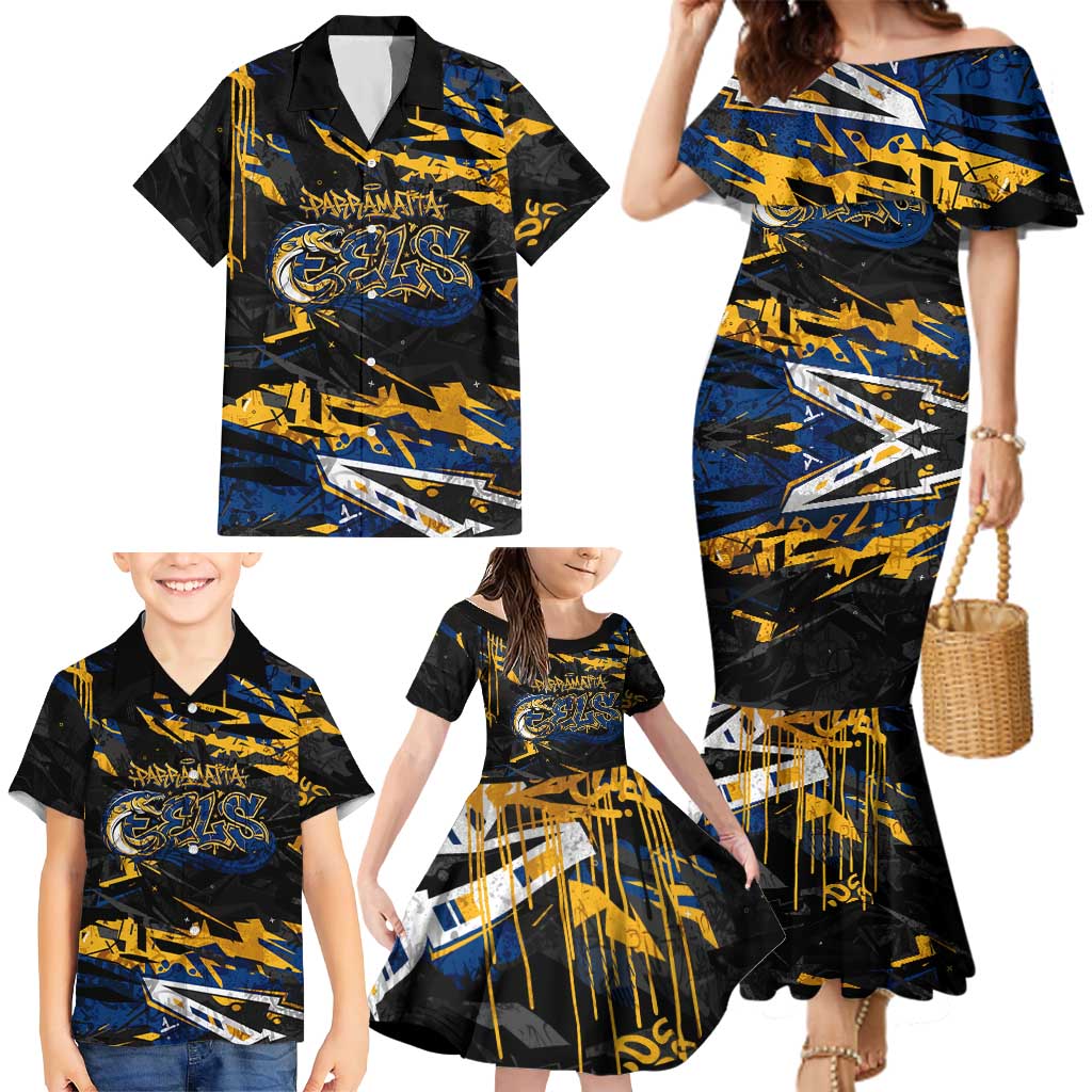 Personalized Parramatta Eels Family Matching Mermaid Dress and Hawaiian Shirt Graffiti Grunge Abstract Urban Street Style Design