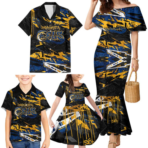 Personalized Parramatta Eels Family Matching Mermaid Dress and Hawaiian Shirt Graffiti Grunge Abstract Urban Street Style Design