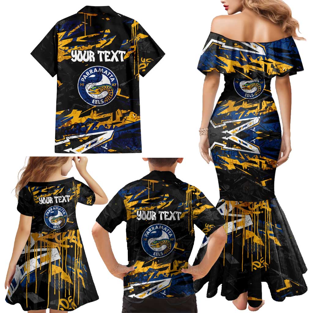 Personalized Parramatta Eels Family Matching Mermaid Dress and Hawaiian Shirt Graffiti Grunge Abstract Urban Street Style Design