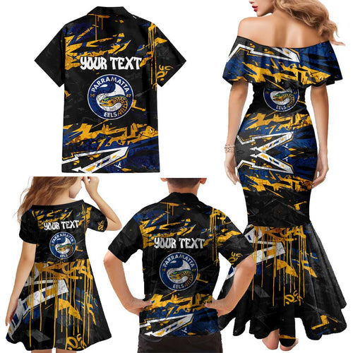 Personalized Parramatta Eels Family Matching Mermaid Dress and Hawaiian Shirt Graffiti Grunge Abstract Urban Street Style Design