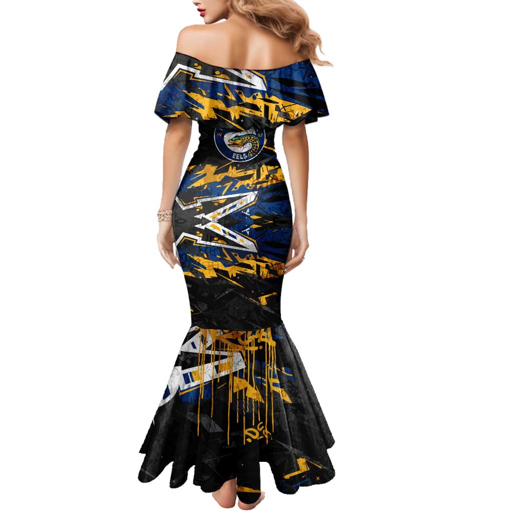 Personalized Parramatta Eels Family Matching Mermaid Dress and Hawaiian Shirt Graffiti Grunge Abstract Urban Street Style Design