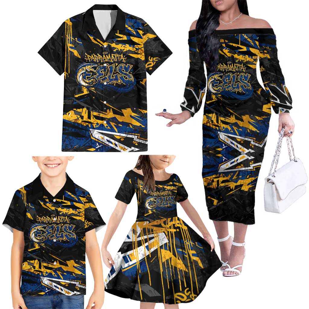 Personalized Parramatta Eels Family Matching Off The Shoulder Long Sleeve Dress and Hawaiian Shirt Graffiti Grunge Abstract Urban Street Style Design