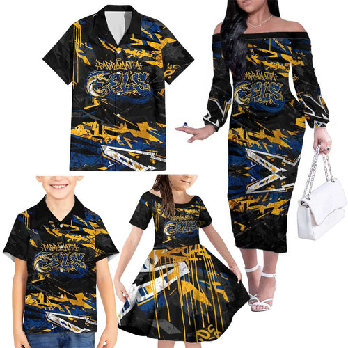 Personalized Parramatta Eels Family Matching Off The Shoulder Long Sleeve Dress and Hawaiian Shirt Graffiti Grunge Abstract Urban Street Style Design
