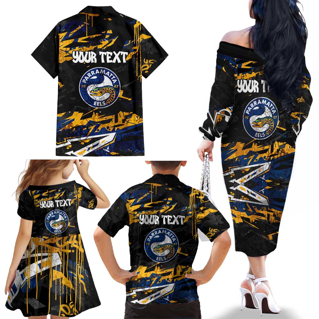 Personalized Parramatta Eels Family Matching Off The Shoulder Long Sleeve Dress and Hawaiian Shirt Graffiti Grunge Abstract Urban Street Style Design