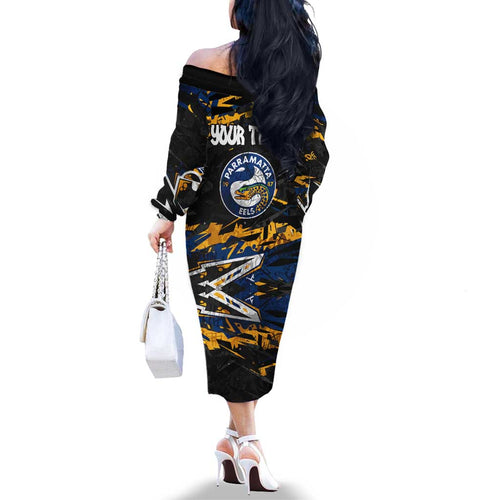 Personalized Parramatta Eels Family Matching Off The Shoulder Long Sleeve Dress and Hawaiian Shirt Graffiti Grunge Abstract Urban Street Style Design
