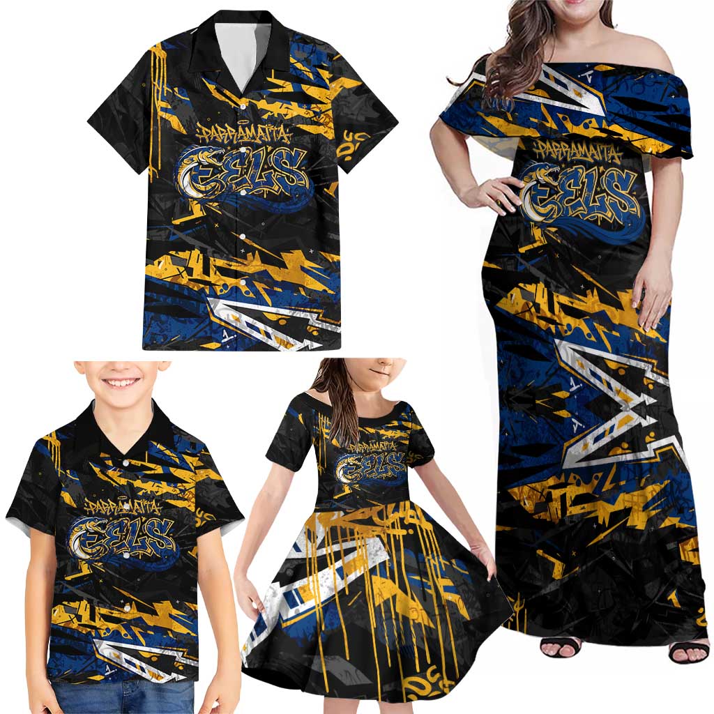 Personalized Parramatta Eels Family Matching Off Shoulder Maxi Dress and Hawaiian Shirt Graffiti Grunge Abstract Urban Street Style Design