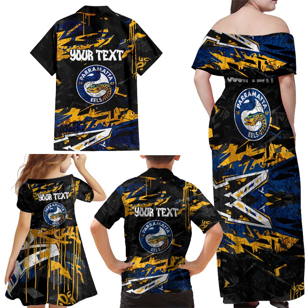Personalized Parramatta Eels Family Matching Off Shoulder Maxi Dress and Hawaiian Shirt Graffiti Grunge Abstract Urban Street Style Design
