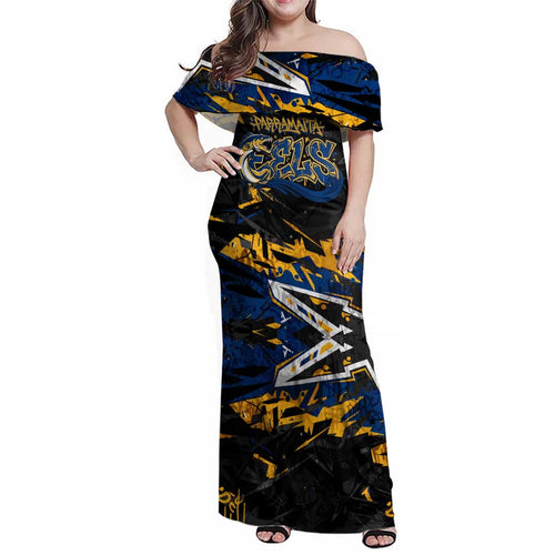 Personalized Parramatta Eels Family Matching Off Shoulder Maxi Dress and Hawaiian Shirt Graffiti Grunge Abstract Urban Street Style Design