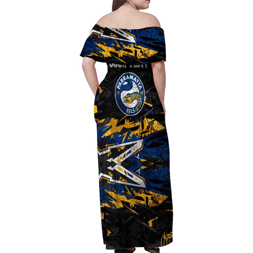 Personalized Parramatta Eels Family Matching Off Shoulder Maxi Dress and Hawaiian Shirt Graffiti Grunge Abstract Urban Street Style Design