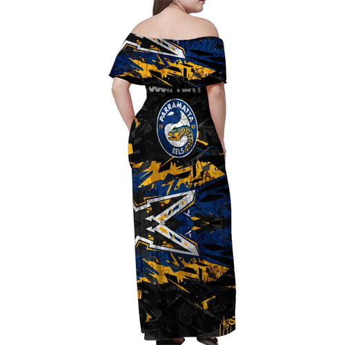 Personalized Parramatta Eels Family Matching Off Shoulder Maxi Dress and Hawaiian Shirt Graffiti Grunge Abstract Urban Street Style Design