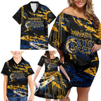 Personalized Parramatta Eels Family Matching Off Shoulder Short Dress and Hawaiian Shirt Graffiti Grunge Abstract Urban Street Style Design