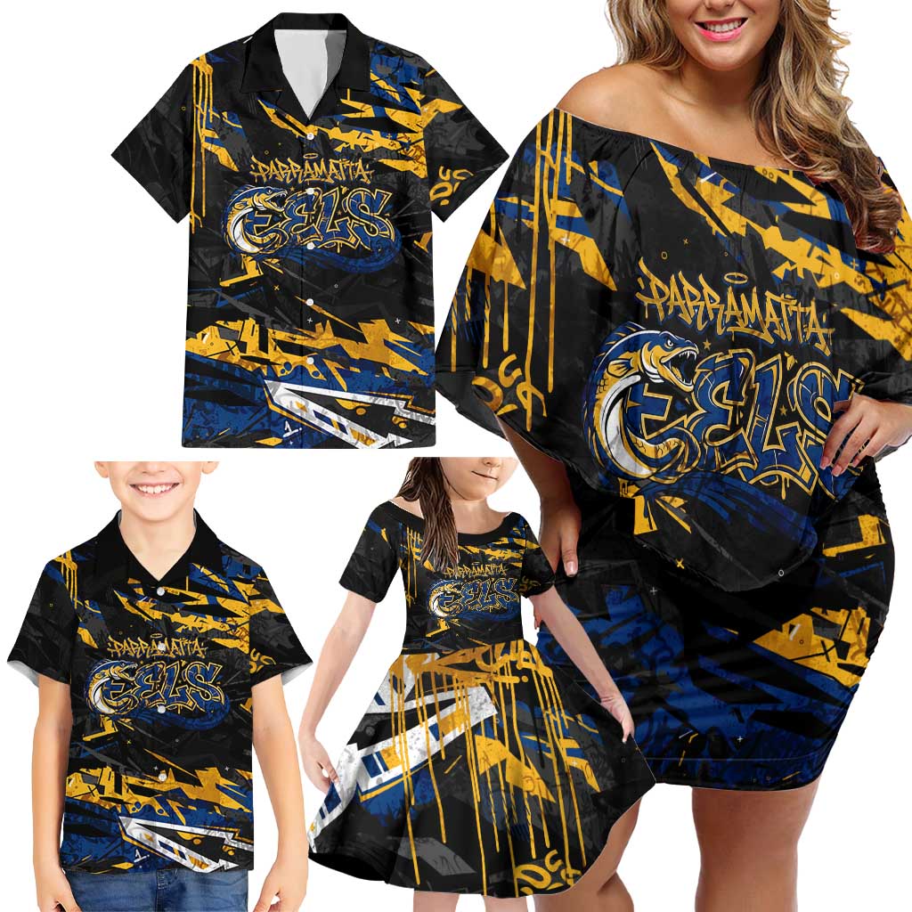 Personalized Parramatta Eels Family Matching Off Shoulder Short Dress and Hawaiian Shirt Graffiti Grunge Abstract Urban Street Style Design