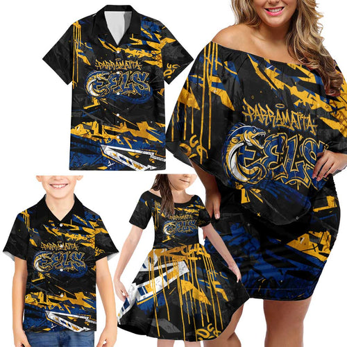 Personalized Parramatta Eels Family Matching Off Shoulder Short Dress and Hawaiian Shirt Graffiti Grunge Abstract Urban Street Style Design