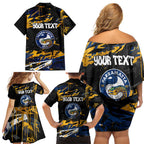 Personalized Parramatta Eels Family Matching Off Shoulder Short Dress and Hawaiian Shirt Graffiti Grunge Abstract Urban Street Style Design
