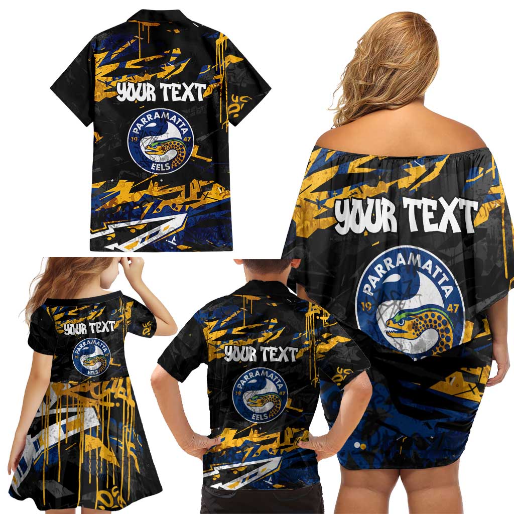 Personalized Parramatta Eels Family Matching Off Shoulder Short Dress and Hawaiian Shirt Graffiti Grunge Abstract Urban Street Style Design