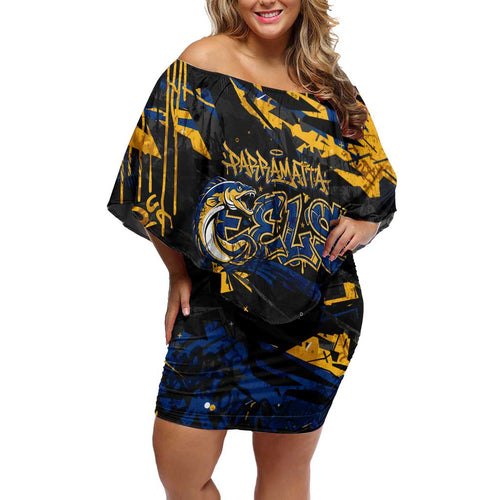 Personalized Parramatta Eels Family Matching Off Shoulder Short Dress and Hawaiian Shirt Graffiti Grunge Abstract Urban Street Style Design