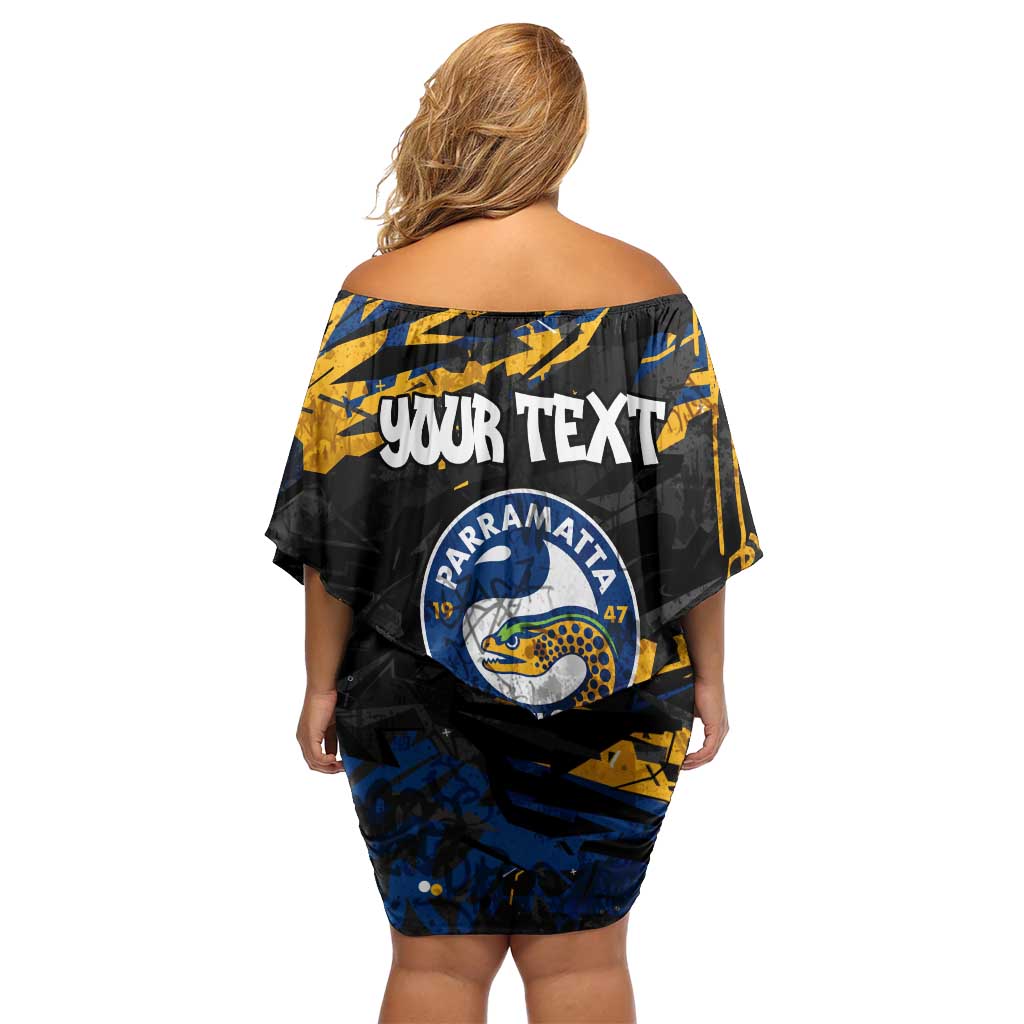 Personalized Parramatta Eels Family Matching Off Shoulder Short Dress and Hawaiian Shirt Graffiti Grunge Abstract Urban Street Style Design