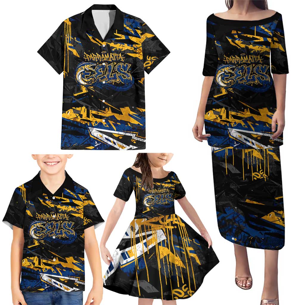 Personalized Parramatta Eels Family Matching Puletasi and Hawaiian Shirt Graffiti Grunge Abstract Urban Street Style Design