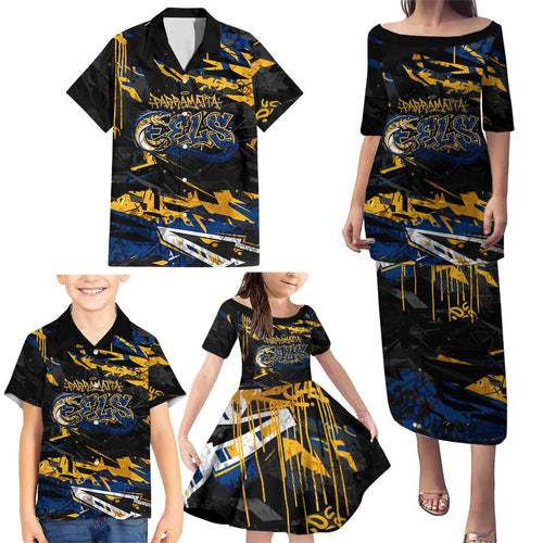Personalized Parramatta Eels Family Matching Puletasi and Hawaiian Shirt Graffiti Grunge Abstract Urban Street Style Design