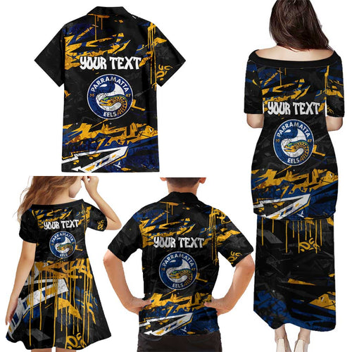 Personalized Parramatta Eels Family Matching Puletasi and Hawaiian Shirt Graffiti Grunge Abstract Urban Street Style Design