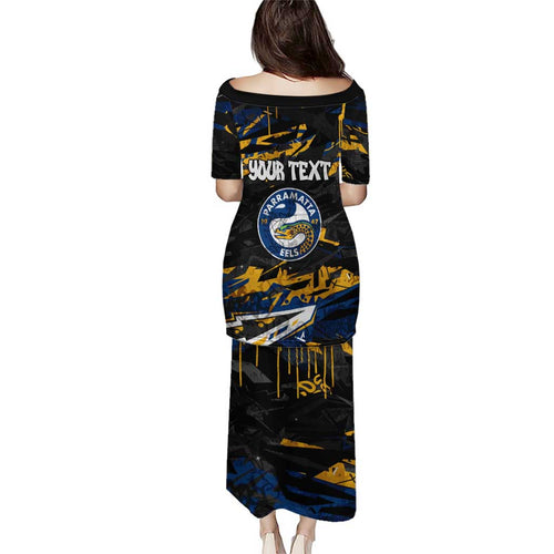 Personalized Parramatta Eels Family Matching Puletasi and Hawaiian Shirt Graffiti Grunge Abstract Urban Street Style Design