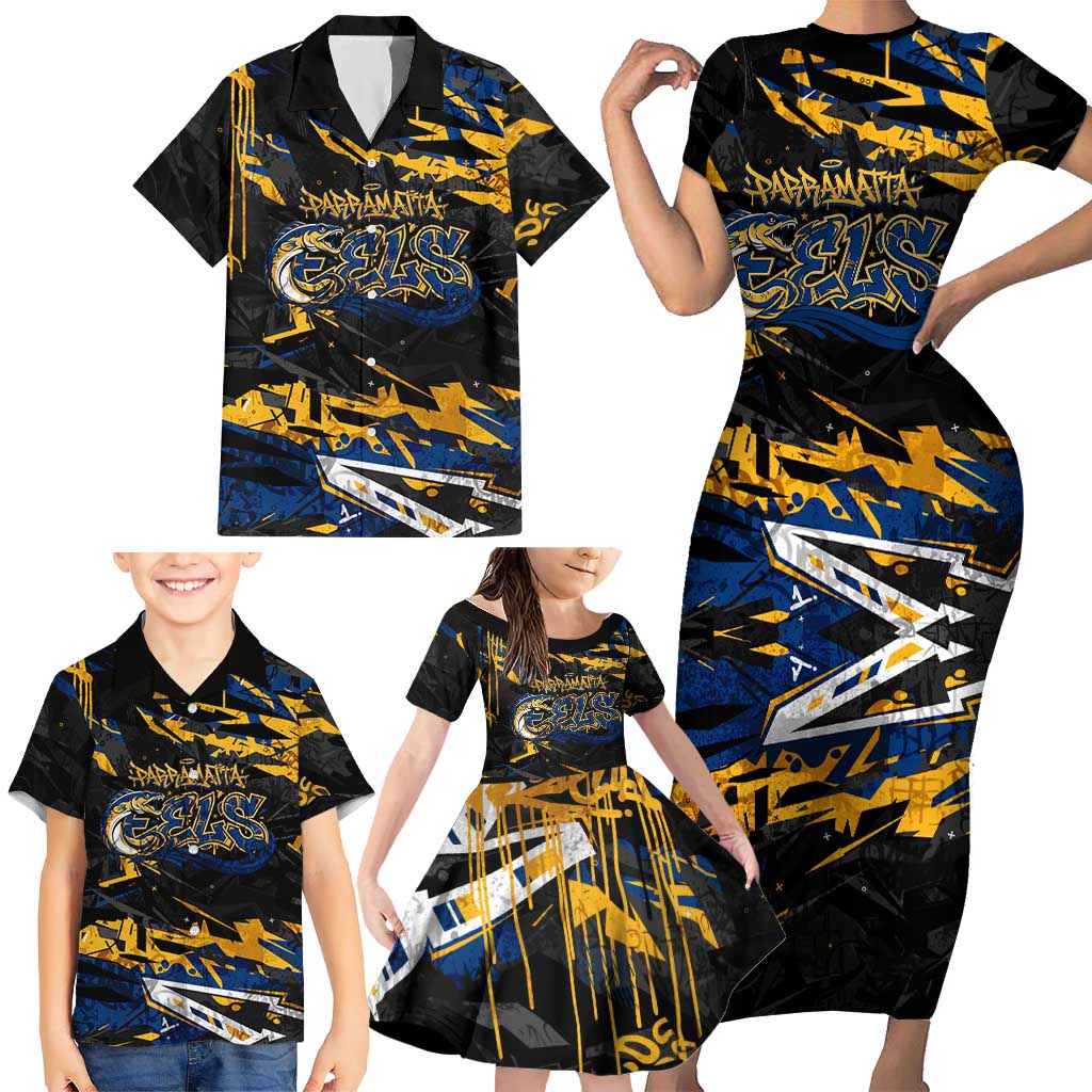 Personalized Parramatta Eels Family Matching Short Sleeve Bodycon Dress and Hawaiian Shirt Graffiti Grunge Abstract Urban Street Style Design