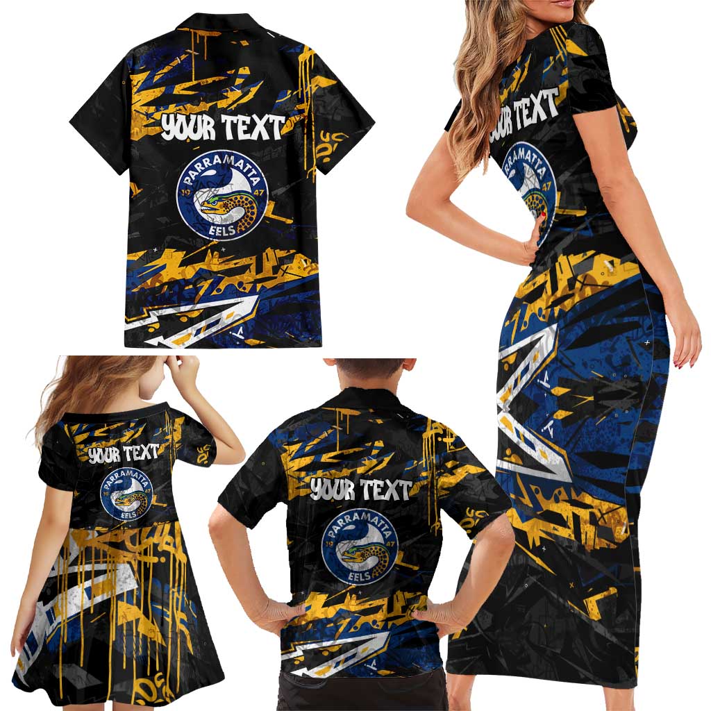 Personalized Parramatta Eels Family Matching Short Sleeve Bodycon Dress and Hawaiian Shirt Graffiti Grunge Abstract Urban Street Style Design