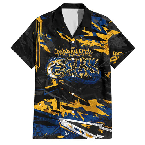 Personalized Parramatta Eels Family Matching Short Sleeve Bodycon Dress and Hawaiian Shirt Graffiti Grunge Abstract Urban Street Style Design