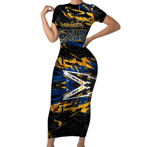 Personalized Parramatta Eels Family Matching Short Sleeve Bodycon Dress and Hawaiian Shirt Graffiti Grunge Abstract Urban Street Style Design