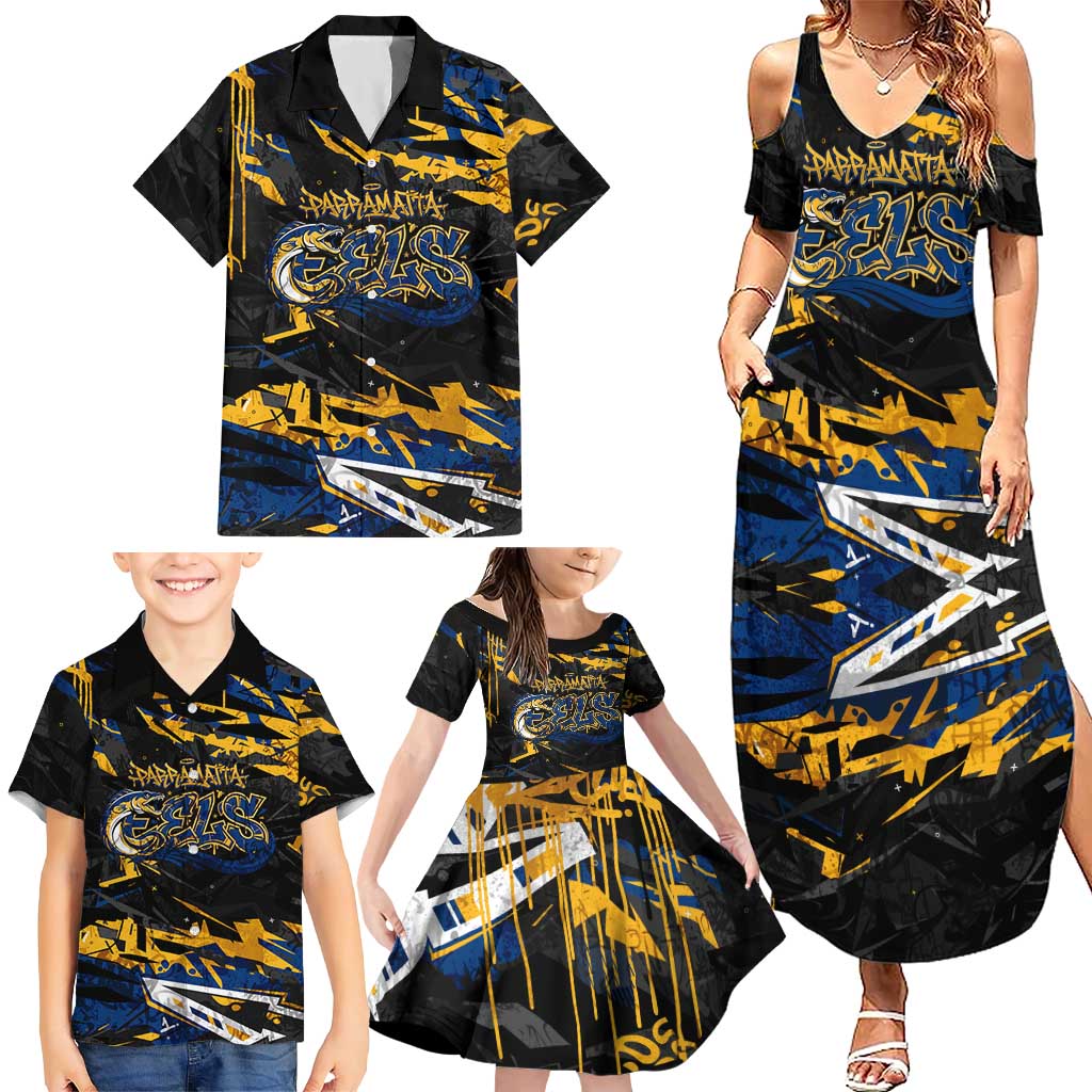 Personalized Parramatta Eels Family Matching Summer Maxi Dress and Hawaiian Shirt Graffiti Grunge Abstract Urban Street Style Design