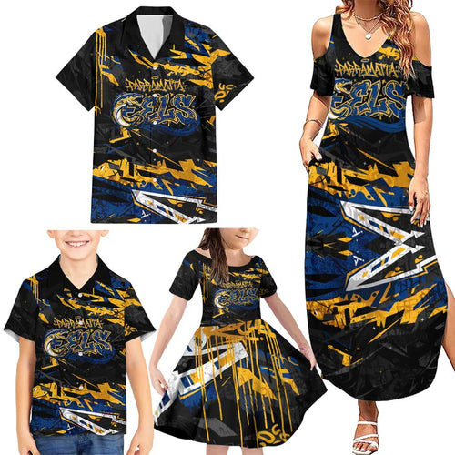 Personalized Parramatta Eels Family Matching Summer Maxi Dress and Hawaiian Shirt Graffiti Grunge Abstract Urban Street Style Design