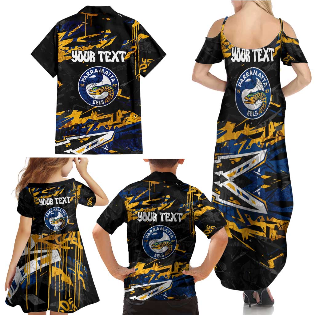 Personalized Parramatta Eels Family Matching Summer Maxi Dress and Hawaiian Shirt Graffiti Grunge Abstract Urban Street Style Design