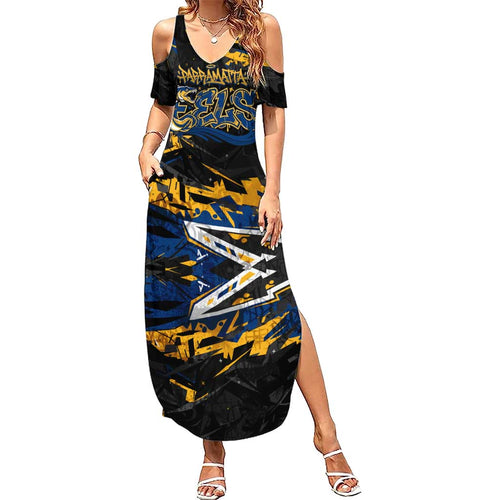 Personalized Parramatta Eels Family Matching Summer Maxi Dress and Hawaiian Shirt Graffiti Grunge Abstract Urban Street Style Design
